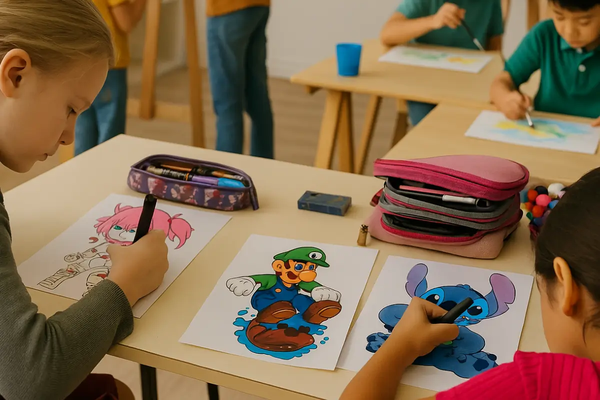Crianças desenhando personagens no curso de desenho artístico em Guarulhos