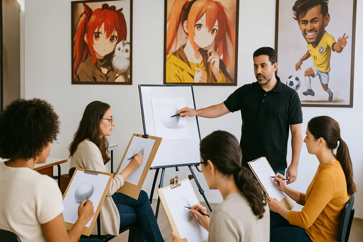 Professor ensinando técnicas no curso de desenho artístico em Guarulhos