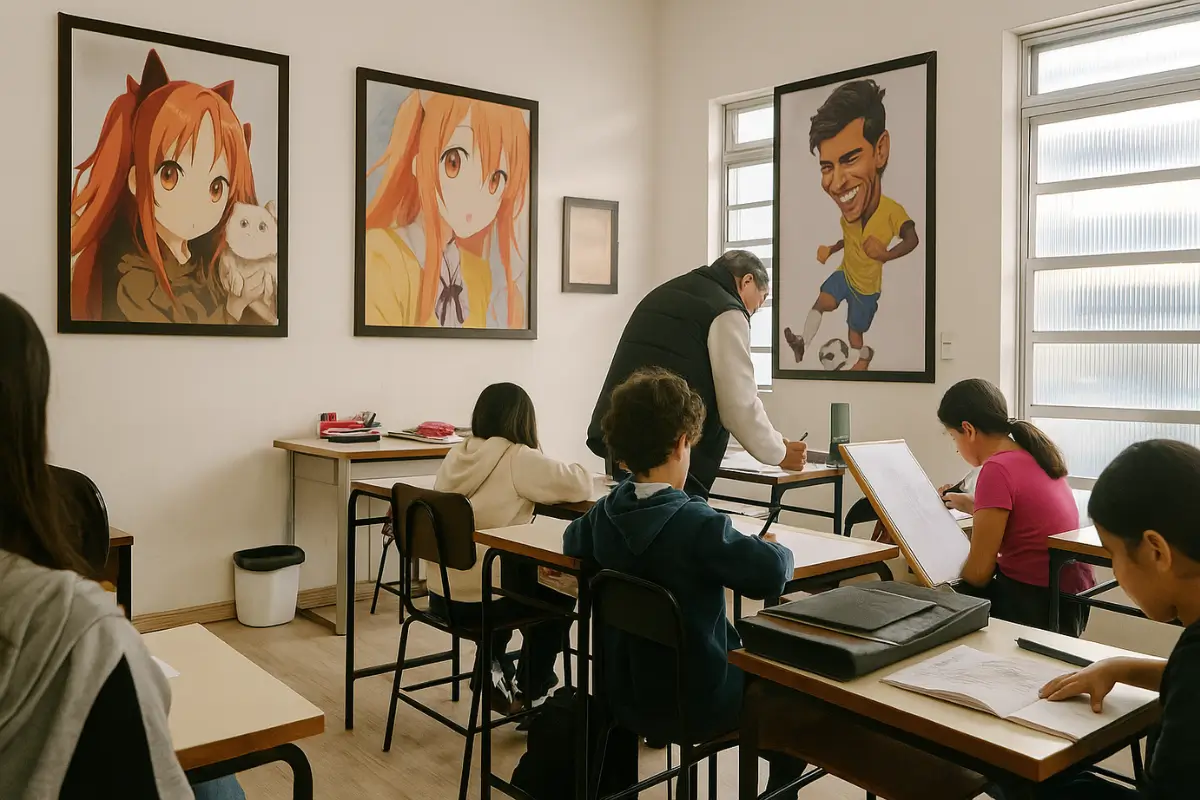 Sala de aula do curso de desenho artístico em Guarulhos com alunos e professor