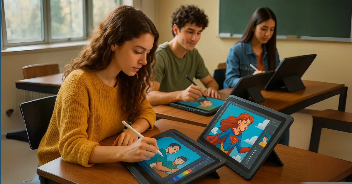 Três estudantes concentrados criando ilustrações digitais em tablets gráficos durante aula de arte, com luz natural e ambiente escolar moderno em Guarulhos. Jovens em aula de ilustração digital em escola de desenho em Guarulhos.