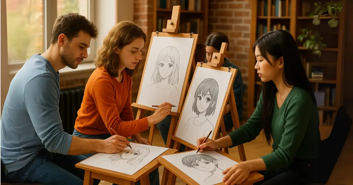 Quatro estudantes desenhando personagens femininas de estilo anime em cavaletes e pranchetas numa sala aconchegante com estantes de livros e luz natural em escola de arte em Guarulhos. Alunos desenhando personagens de mangá em escola de desenho em Guarulhos.