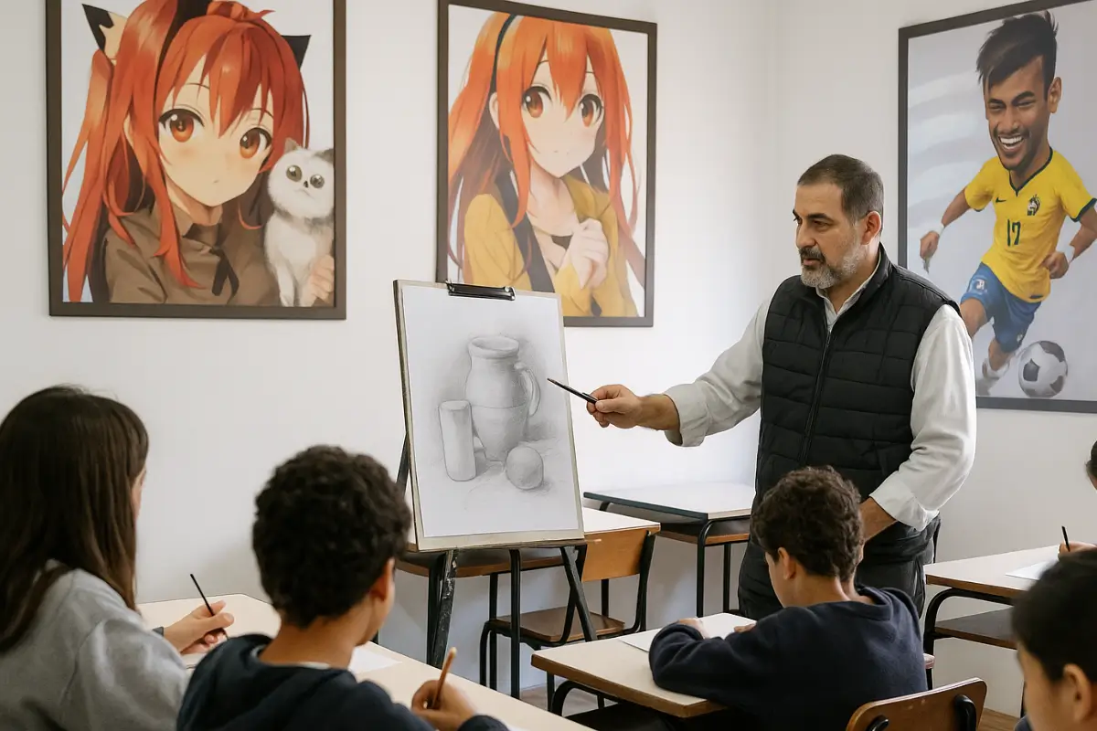 Jovem praticando esboços em caderno de desenho durante aula em ateliê iluminado. Aluno praticando diferentes técnicas de desenho em aula