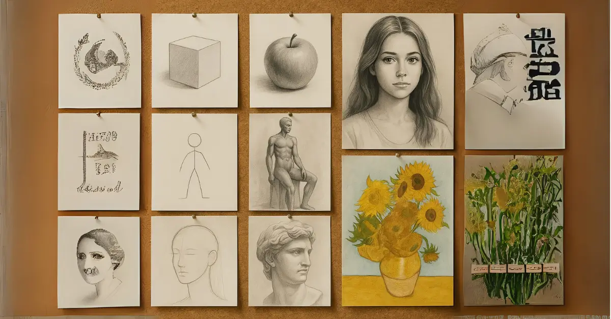 Painel com evolução de desenhos artísticos, do básico ao avançado.