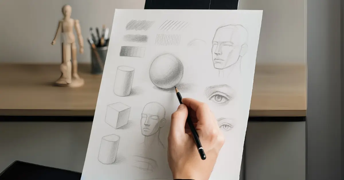 Mão desenhando formas geométricas e esboços faciais com lápis em papel branco