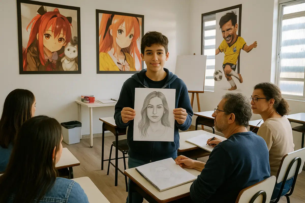 Espaço cultural com murais coloridos e pessoas interagindo com obras de arte em Guarulhos. Centro cultural em Guarulhos promovendo arte e desenho