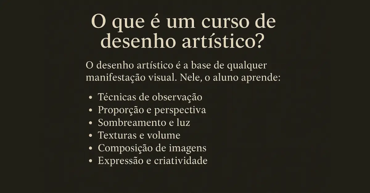 Slide explicativo sobre curso de desenho artístico com tópicos principais.