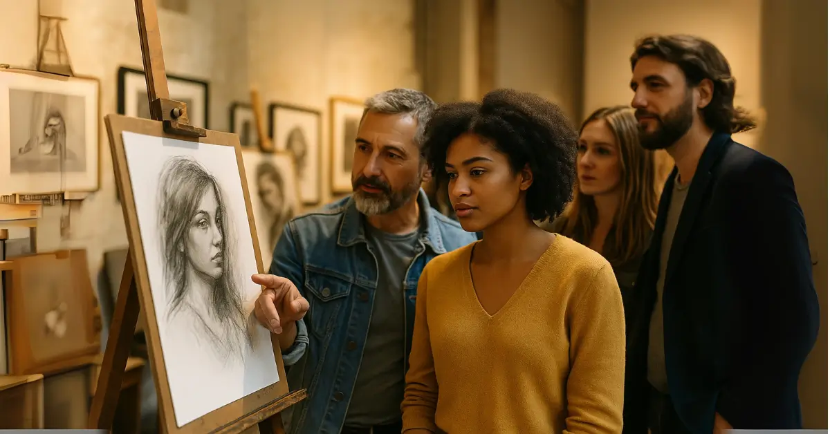 Exposição de arte com desenhos em cavaletes no centro cultural de Guarulhos