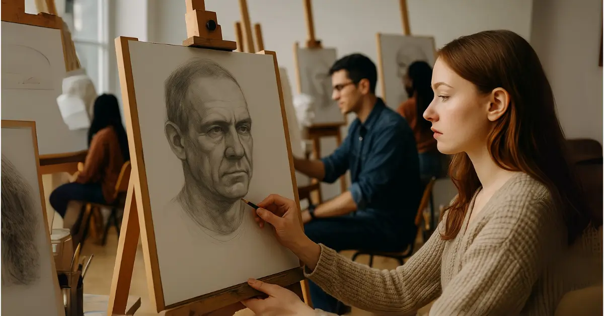 Estudante praticando retrato com referência em curso de arte