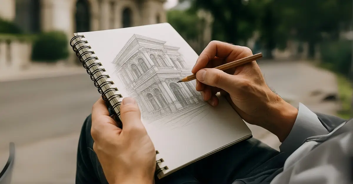 Pessoa desenha prédio neoclássico com lápis grafite em caderno espiral no colo, em rua arborizada de Guarulhos.