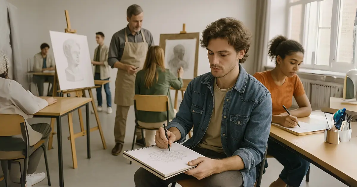 Jovens desenhando em cadernos durante aula de arte em Guarulhos com professor auxiliando alunos em cavaletes. Alunos desenham em sala de aula de arte em Guarulhos, com professor orientando e bustos clássicos como referência.
