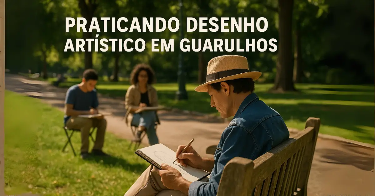 Homem com chapéu desenhando em caderno em banco de madeira no parque de Guarulhos, com outros artistas ao fundo. Pessoas desenhando ao ar livre em parque de Guarulhos, sentadas em bancos e cadeiras, com vegetação e luz do sol.