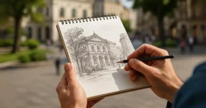 Artista em Guarulhos desenha prédio clássico em caderno de esboço ao ar livre, captando detalhes arquitetônicos com lápis grafite.