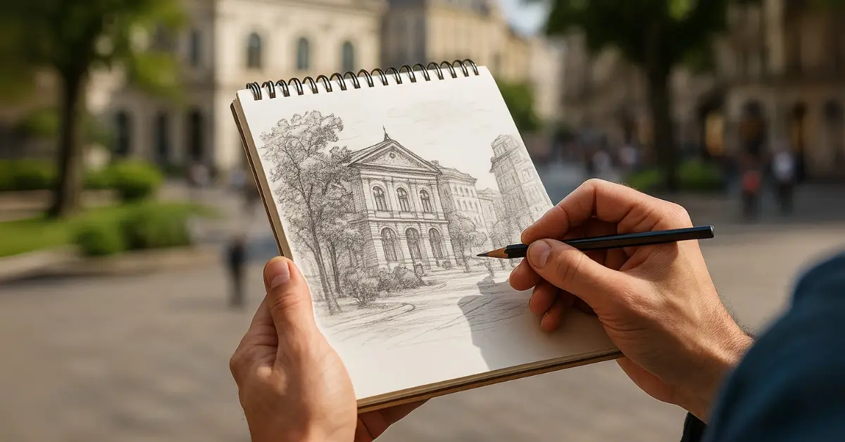 Artista em Guarulhos desenha prédio clássico em caderno de esboço ao ar livre, captando detalhes arquitetônicos com lápis grafite.