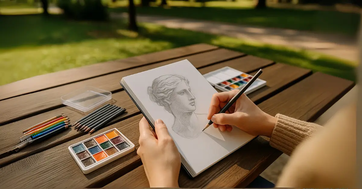 Mãos desenhando busto clássico com lápis grafite em caderno sobre mesa de madeira ao ar livre em parque de Guarulhos.