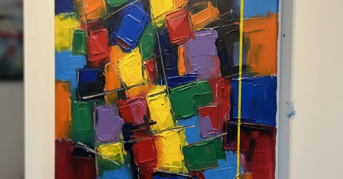 Pintura abstrata colorida com formas geométricas e texturas vibrantes