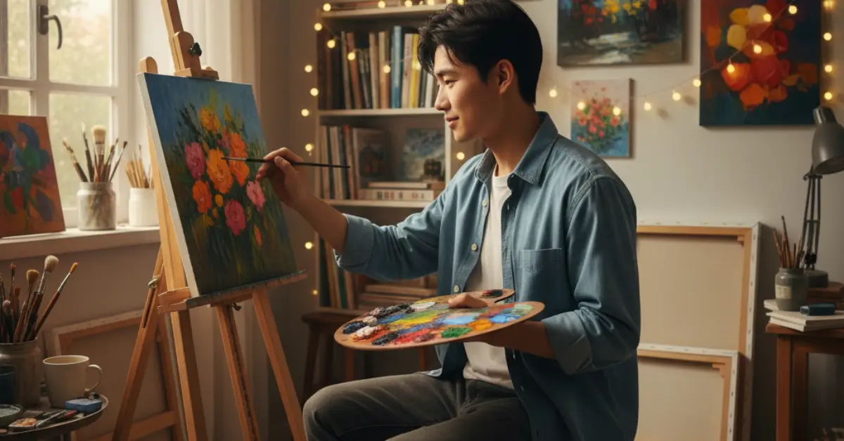 Um jovem artista asiático pintando flores em uma tela com tintas a óleo em seu estúdio doméstico, cercado por obras de arte e materiais.