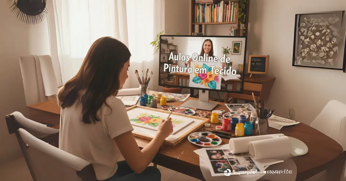 Jovem pintando em tecido durante aula online, com um monitor mostrando a professora sorrindo e segurando uma peça pintada.