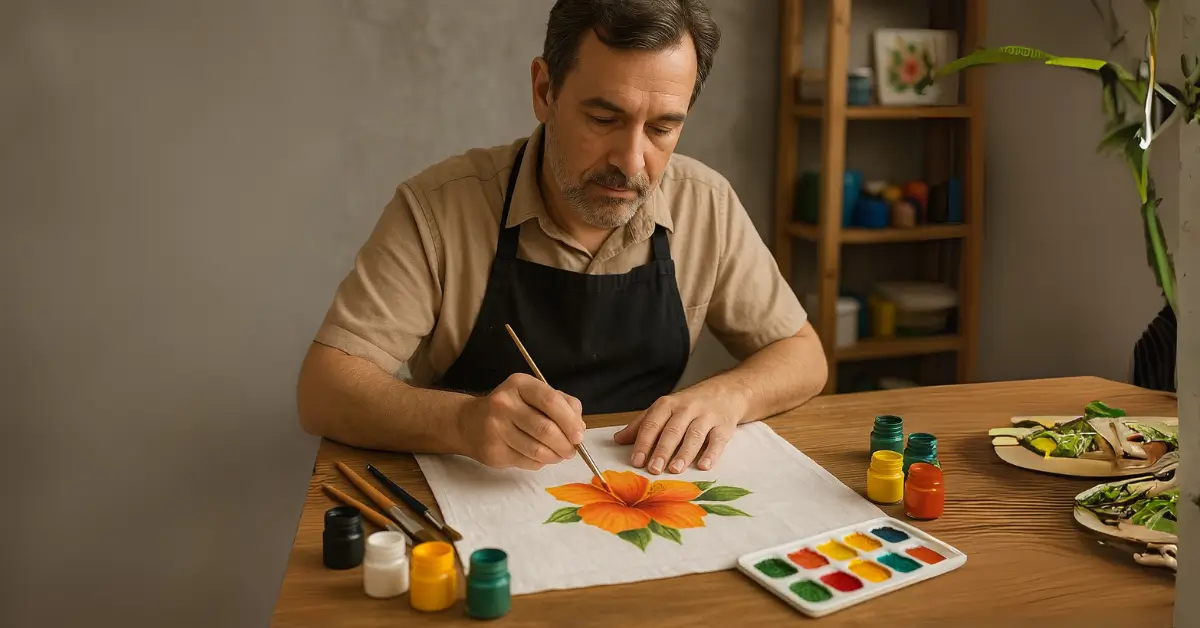 Professor pinta flor de hibisco laranja sobre tecido branco em estúdio artístico.