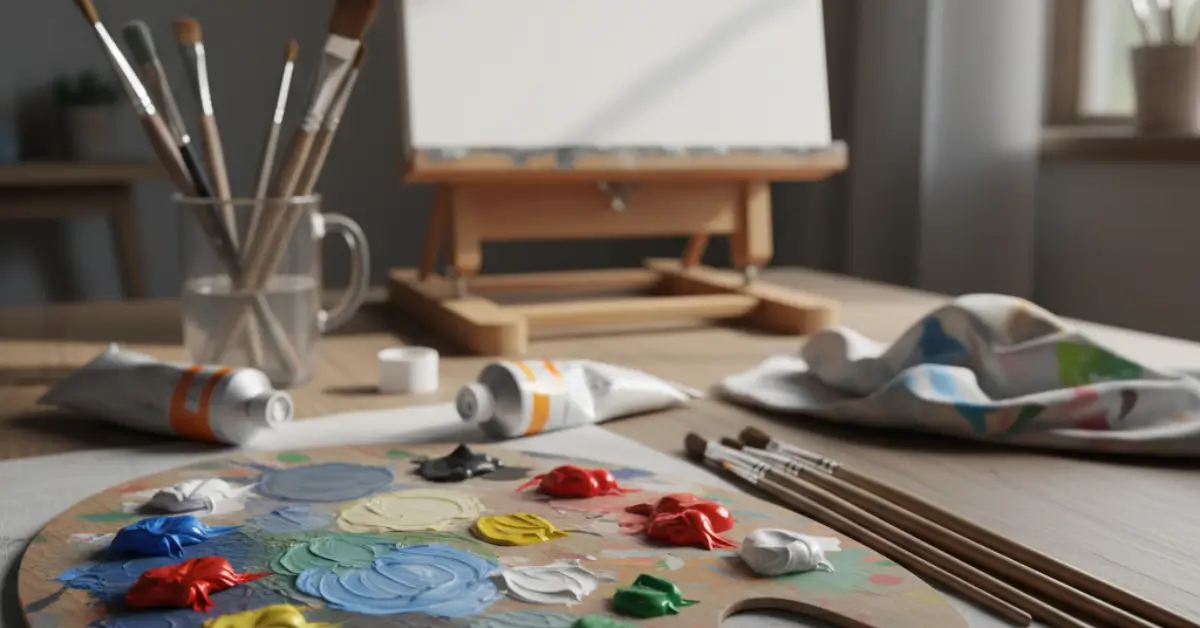 Uma paleta de madeira com tintas acrílicas coloridas, pincéis, tubos de tinta e uma tela em branco em um cavalete.