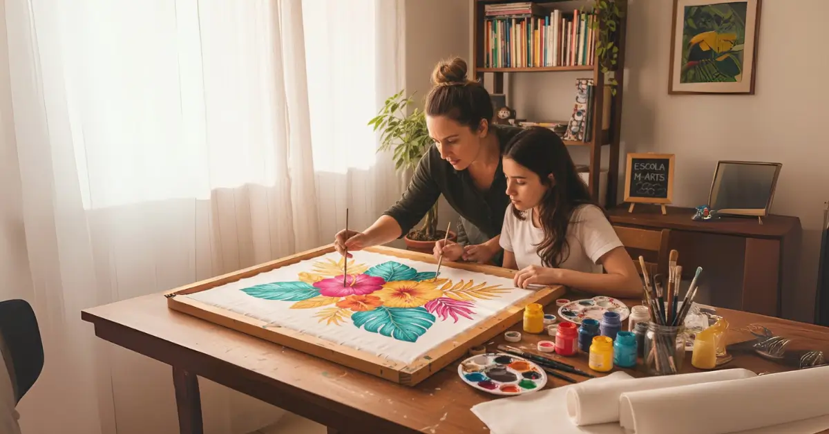 Mulher adulta ensinando pintura em tecido para adolescente em casa, com tela esticada, tintas coloridas, pincéis e um quadro negro ao fundo com "Escola M-arts". Logotipo Superprof no canto inferior direito.