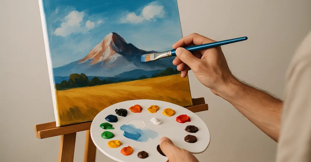 Artista pintando montanha com neve em tela usando tinta acrílica e pincel chato.