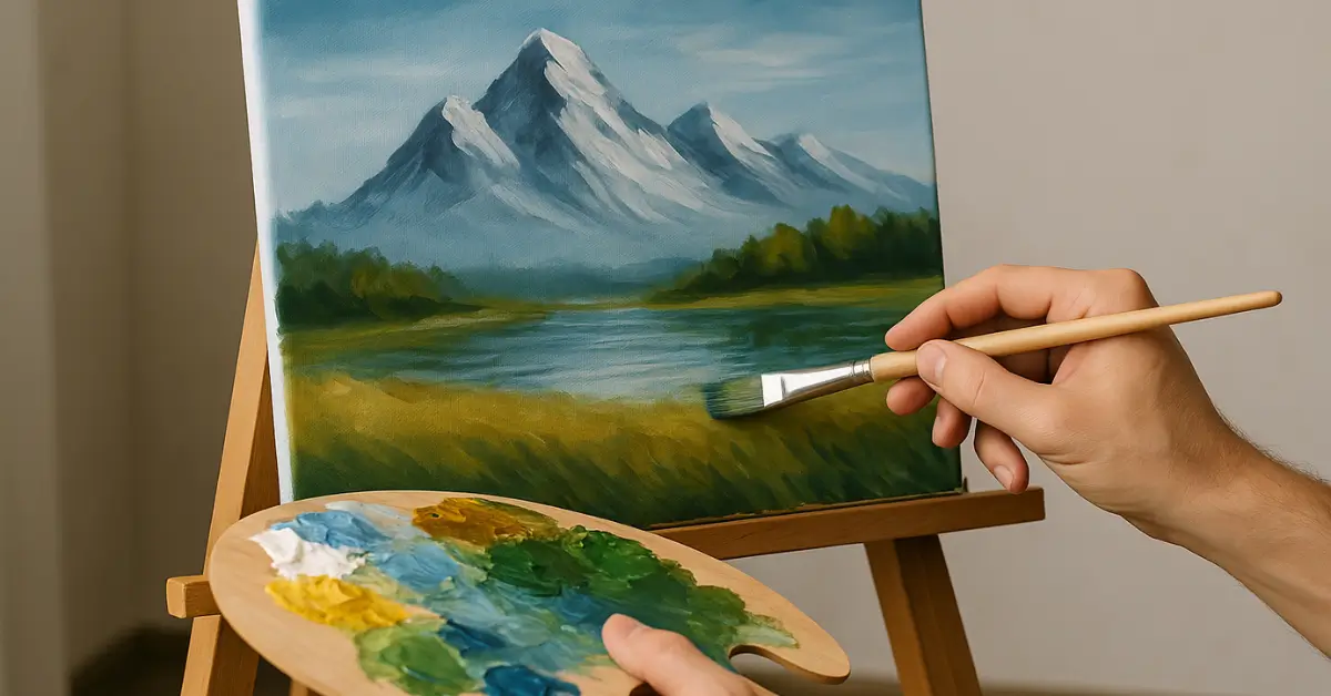 Pintura realista de montanhas nevadas refletidas em lago, sendo criada por artista.