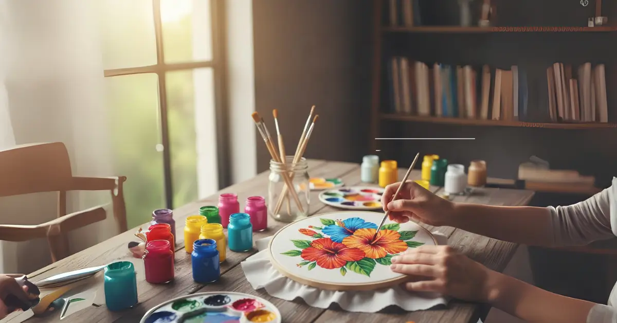 Mão pintando flores vibrantes em um bastidor de bordado, com potes de tinta colorida, pincéis e uma paleta em uma mesa de madeira.
