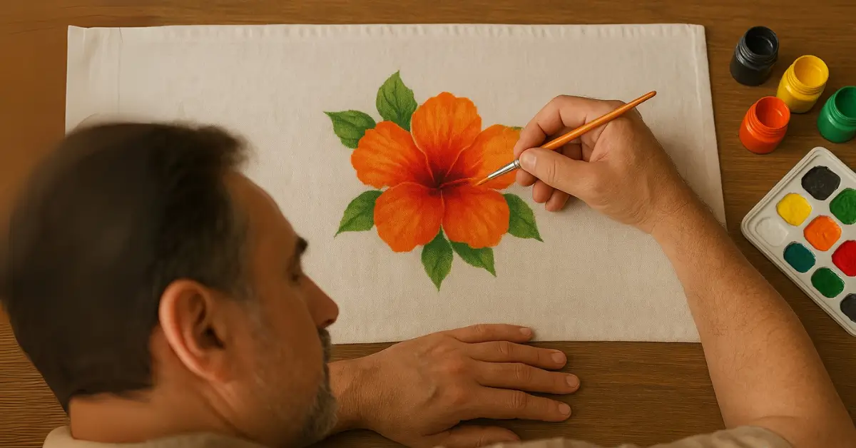 Professor pinta flor hibisco laranja em tecido branco durante aula de arte.
