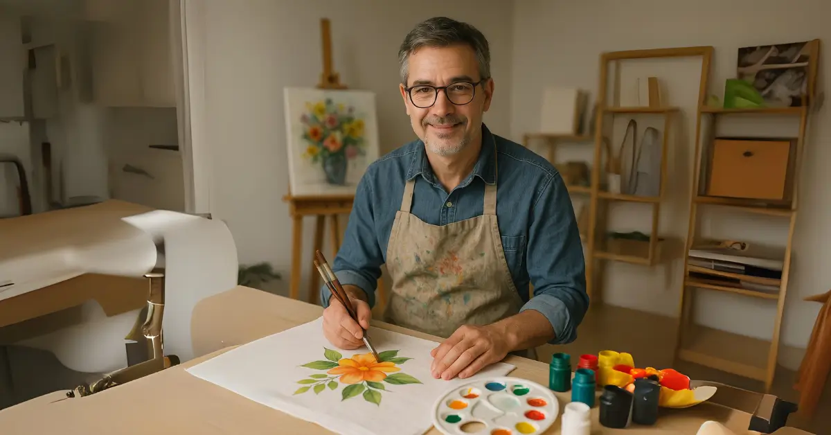 Professor de pintura em tecido em Guarulhos trabalhando em flor com tinta colorida.